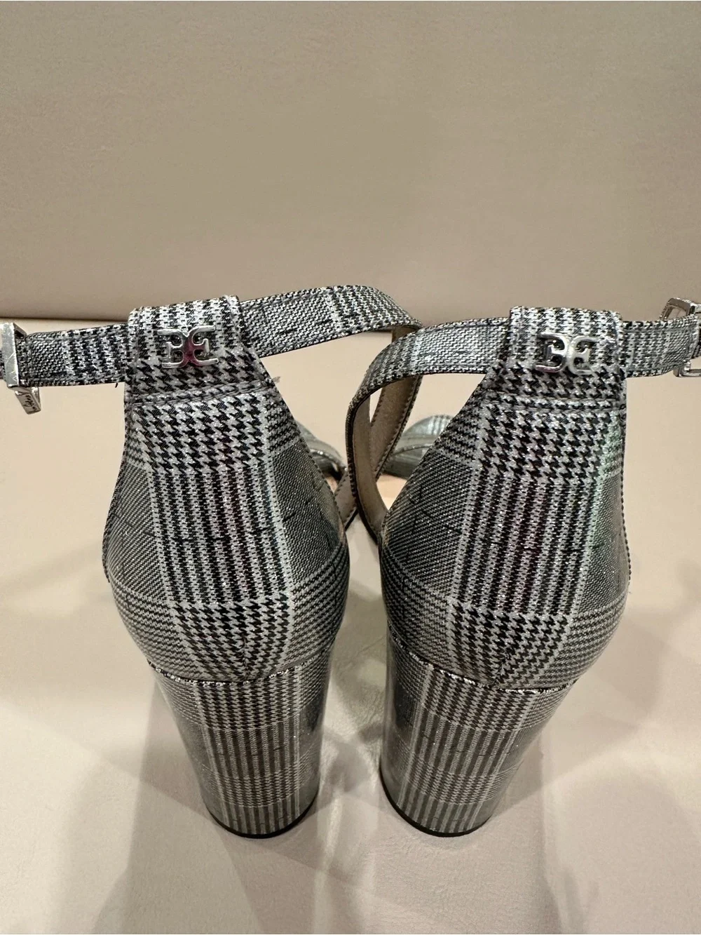 Sam Edelman Gray Plaid Block-Heel Ankle Strap Sandals